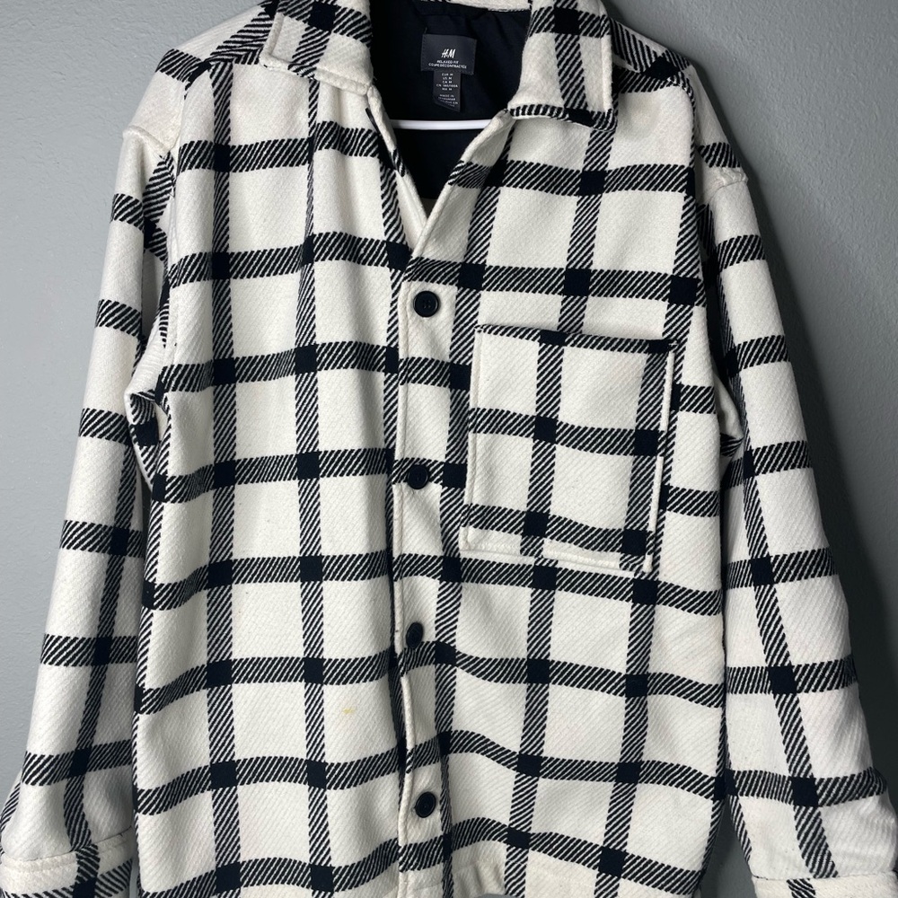 H&M White and Black Plaid Button-Up Jacket Top